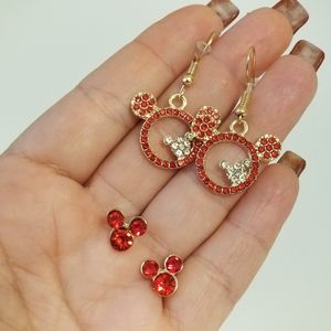 3/$30💜 Mickey Mouse Red Rhinestone Earrings 4 piece